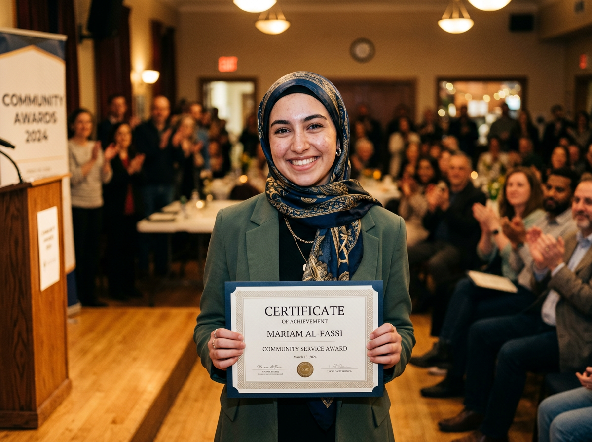 A young woman receiving a certificate of achievement