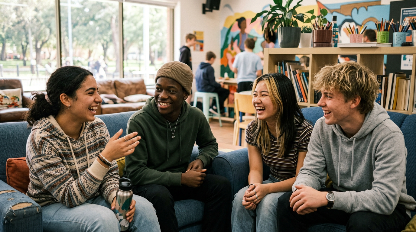 Young people talking and laughing together inside the youth centre