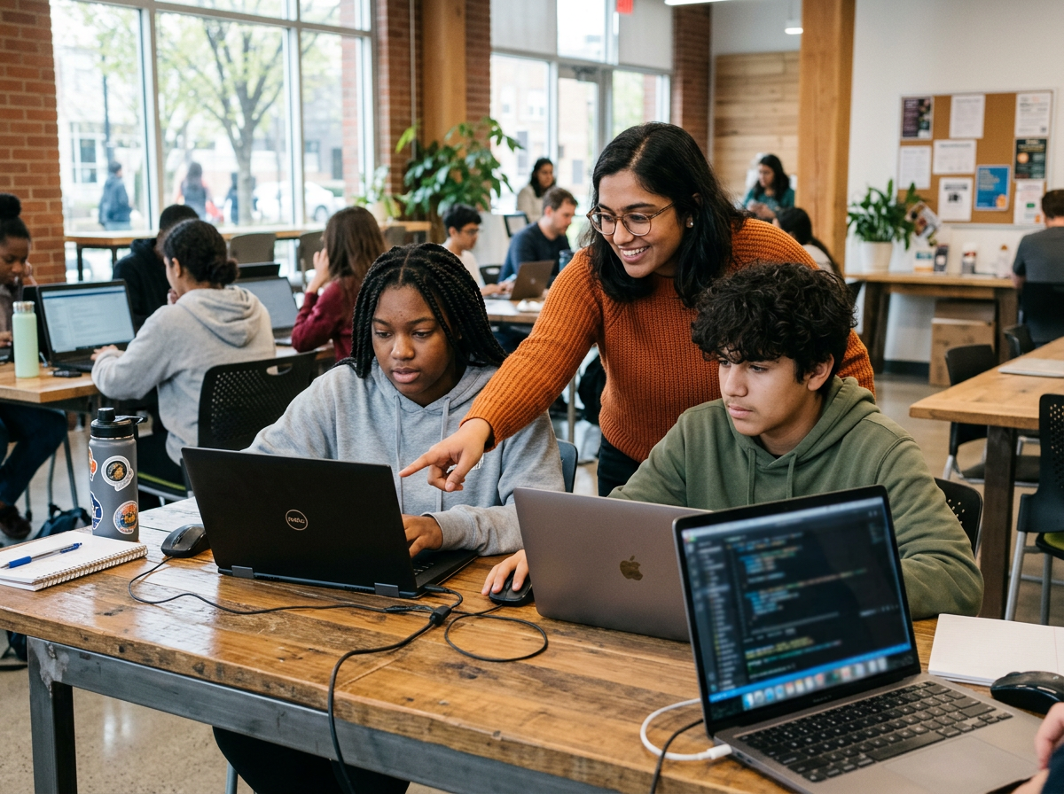 Teenagers learning to code on laptops with a mentor's help